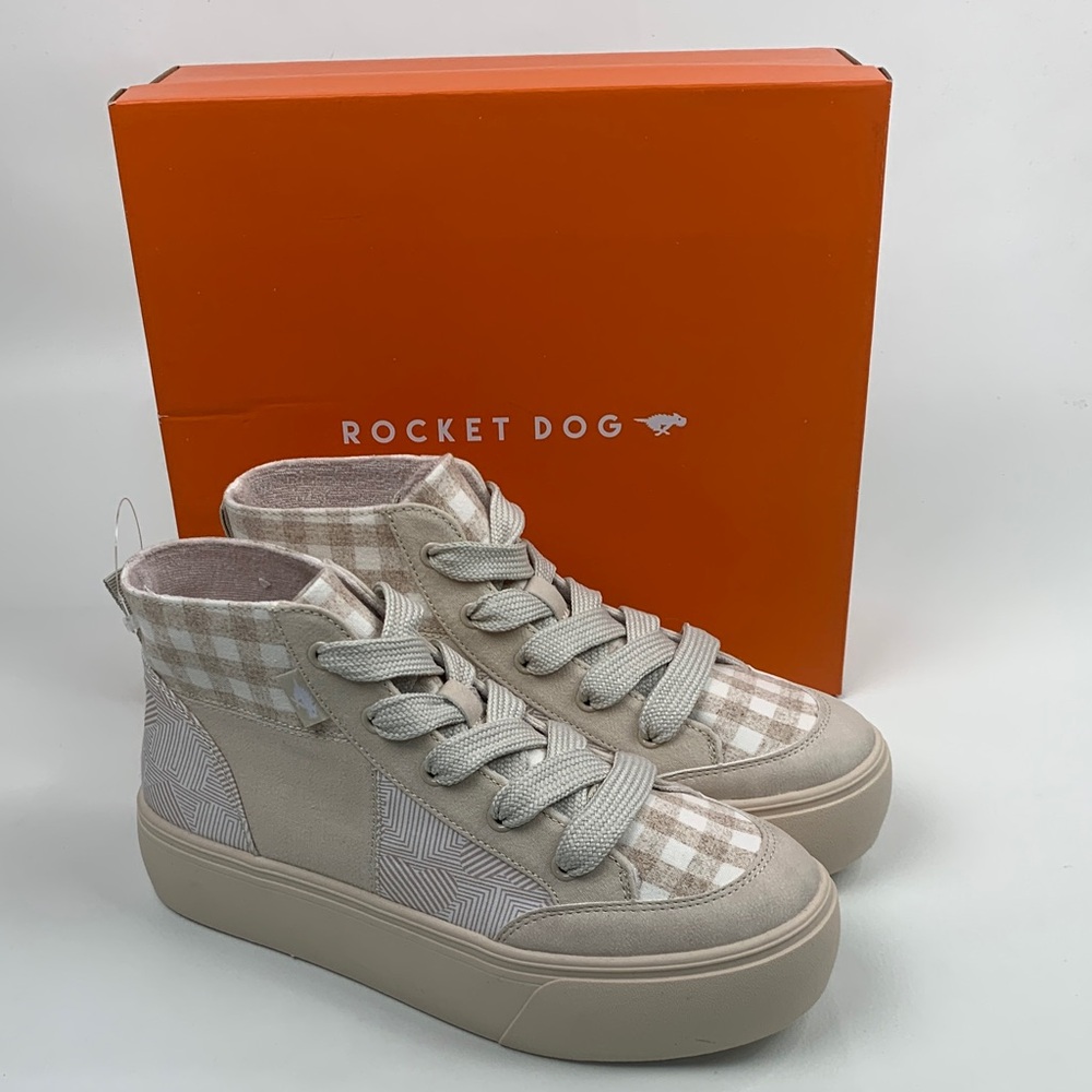 Rocket Dog Plaid Beige Creme High top Sneakers Size 8 Flair Natural Lace up NEW
